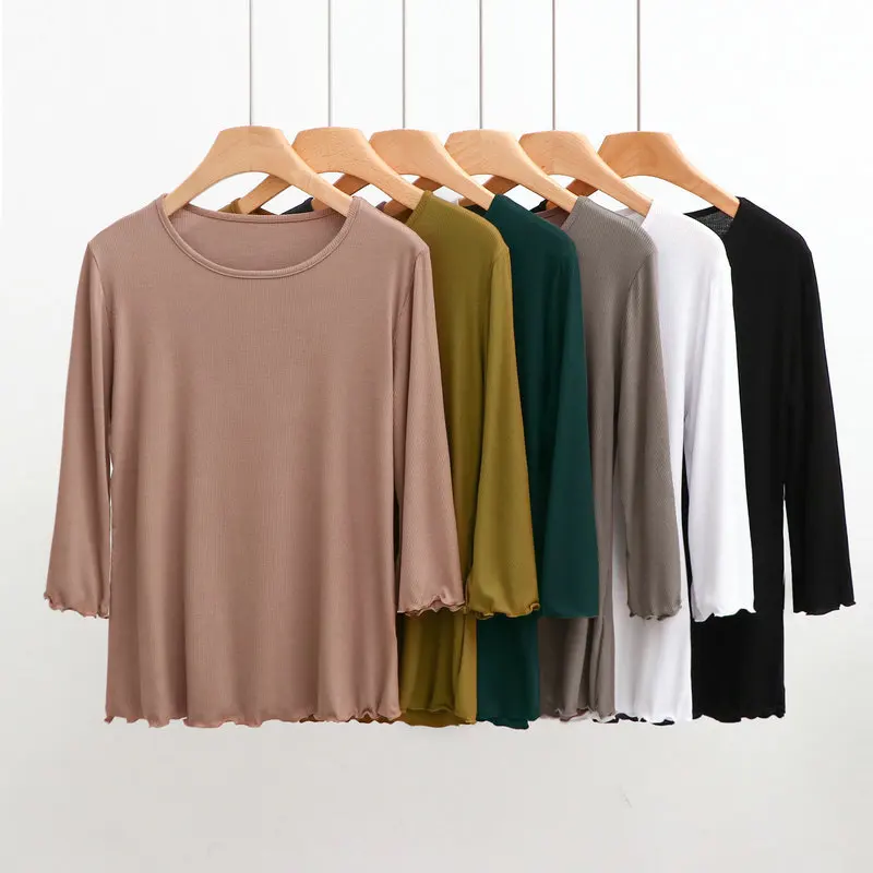 

2023 Modal Round Neck Three-quarters Sleeve T-shirt Women's Large Size Thin Pit Strip Thread Flash Bottoming T Shirt Women Tops