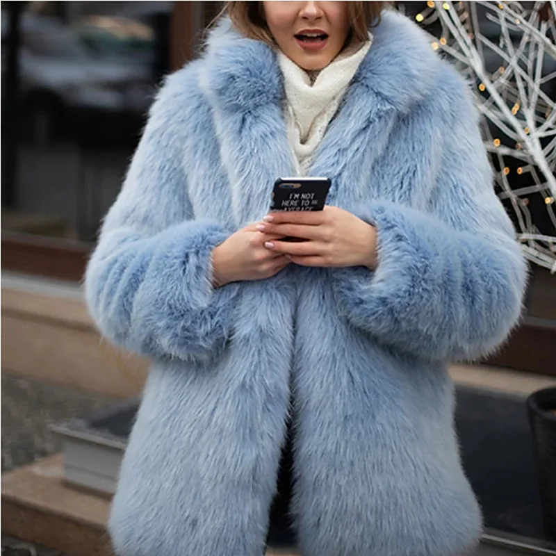 

Mid-winter Faux Fur Women's Blue Beltless Temperament Commuter Lapel Korean Fox Fur Coat