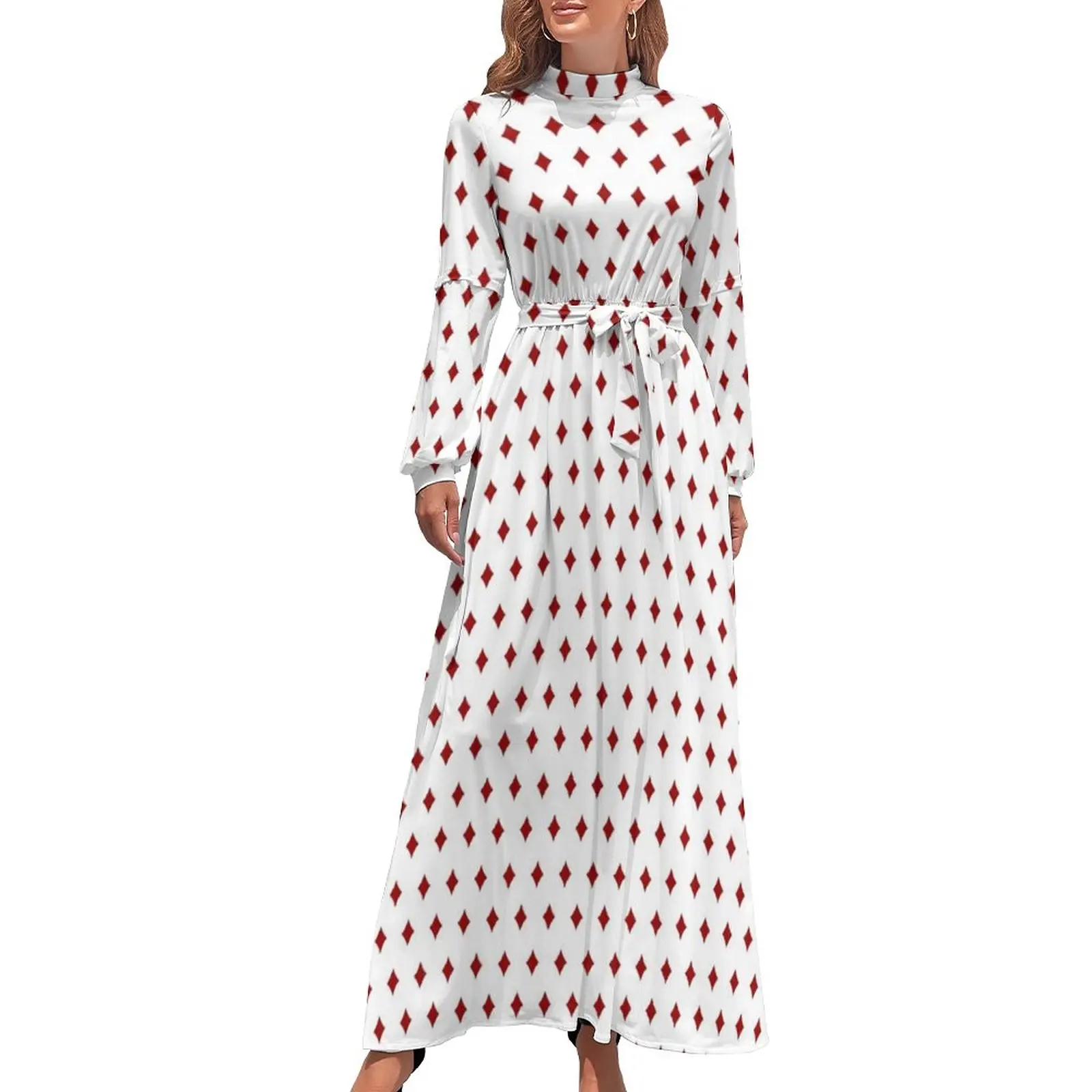 

Red Playing Poker Dress High Waist Diamonds Card Suits Graphic Beach Dresses Long Sleeve Street Fashion Long Maxi Dress Vestidos