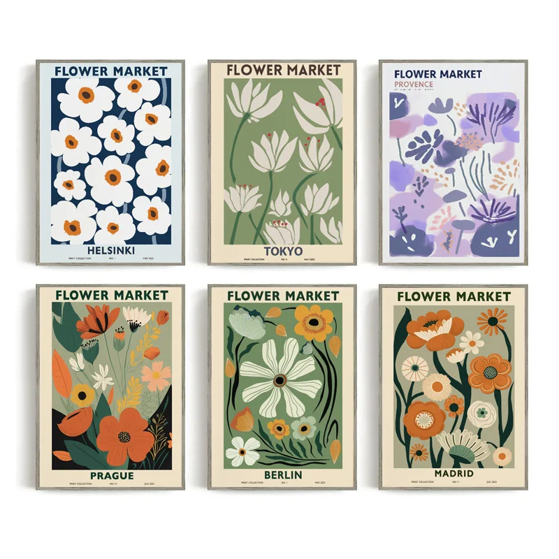 Ретро цветочный рынок Белые маки Берлин Мадрид выставка растения постер холст