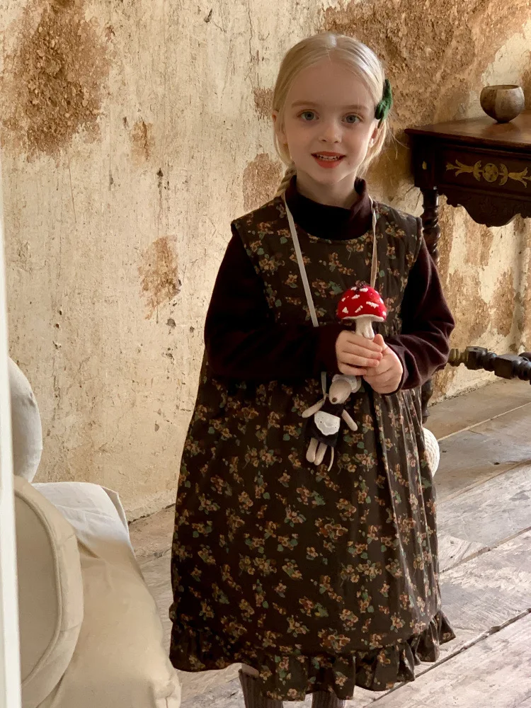 

HoneyCherry Girls Vintage Cotton Jacket Dress Winter New Baby Floral Vest Princess Dresses Girls Clothes