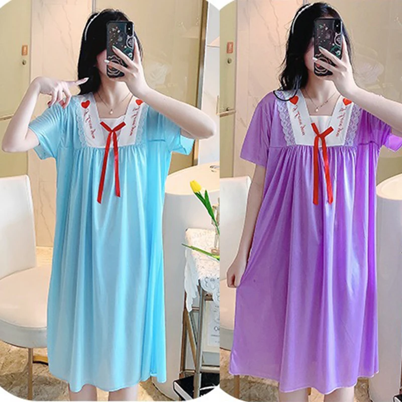 2 Pcs/Lot New Summer Ladies Short Sleeve Nightdress Noble Fashion Pajamas Cute Ice Silk Ladies Homewear Size M L XL XXL XXXL 4XL