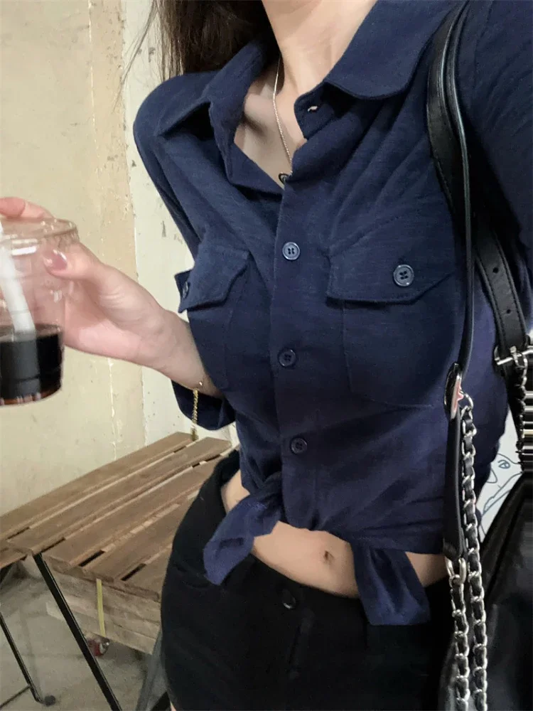 Винтажная темно-синяя рубашка три четверти для женщин топы на пуговицах тонкая