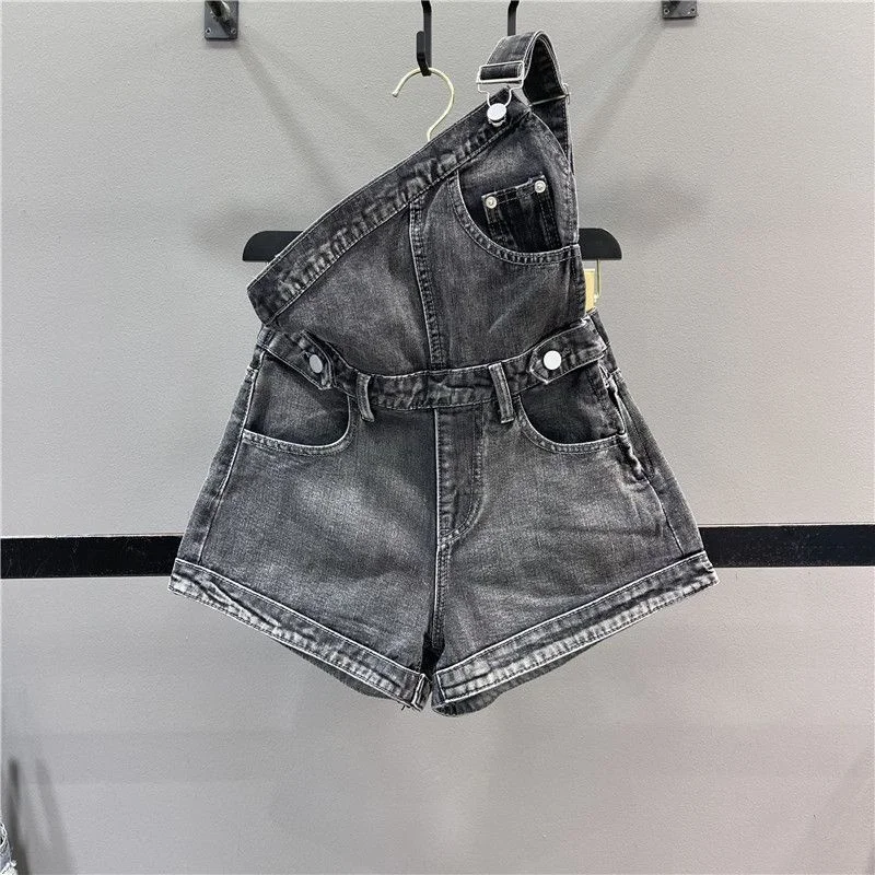 Sweet Cool Spicy Girl One Shoulder Denim Strap Shorts Women's 2023 Summer Age Reducing Slim A-line Wide Leg Pants One Piece Hot
