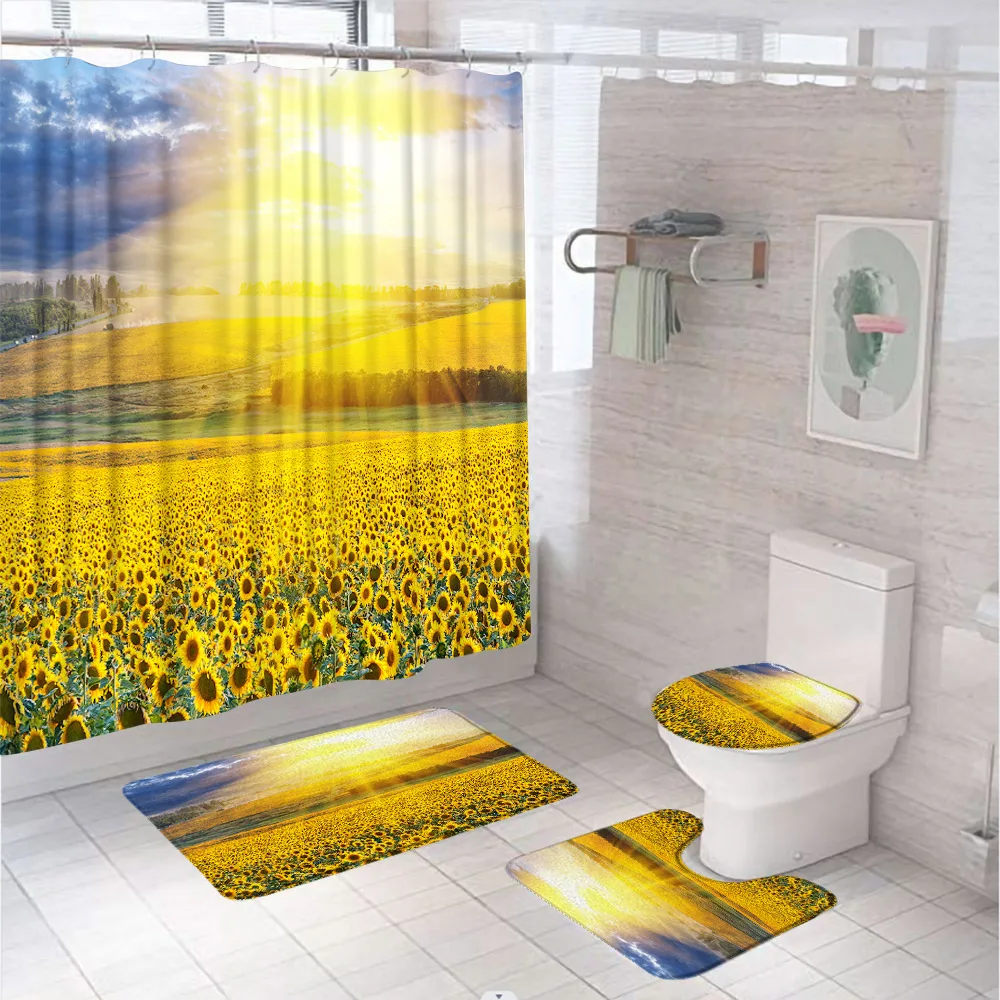 

Занавеска для душа желтая с подсолнухом, занавеска в стиле кантри, закат, пейзаж, шторы для ванной комнаты с ковриком для ванной, коврики для туалета чехол