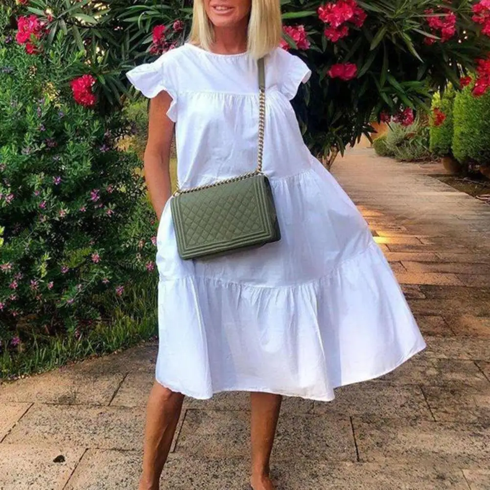 

Summer Midi Dress Elegant Swing Hem Party Dress Summer O-neck Fly Sleeve Midi with Ruffle Stitching Oversized Solid Color