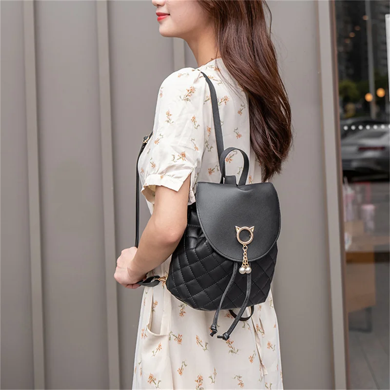 Women PU Leather Shoulder Mini Small Backpack Multi-Function Diamond Lattice Phone Pouch Student Backpack