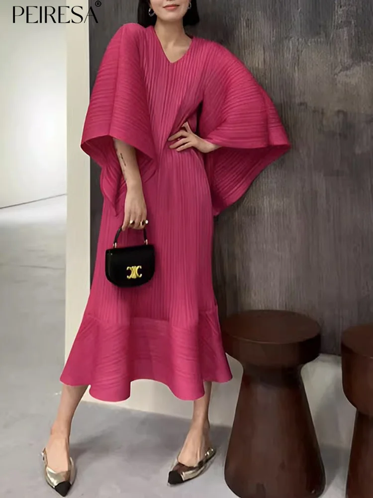 

PEIRESA Miyake V Neck Batwing Sleeve Pleated Dress Women 2023 Summer New In Fashion Ruffles Loose Long Dresses Female Vestidos