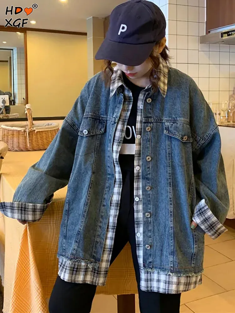 

Куртка-поло женская демисезонная клетчатая, однобортная джинсовая куртка в стиле пэчворк, с воротником-стойкой, свободная в студенческом стиле, в стиле Харадзюку