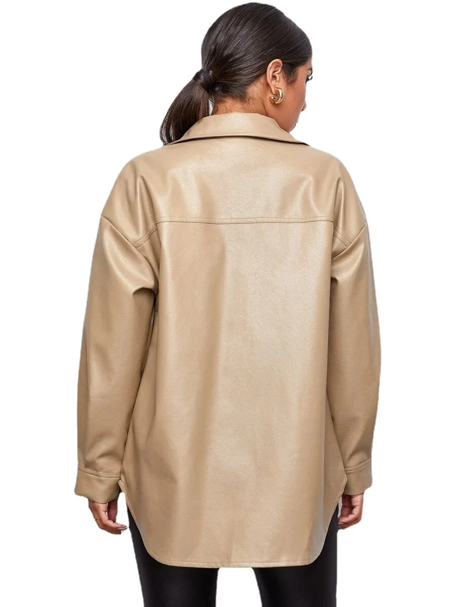 Autumn  Winter Long Sleeve Motorcycle Leather Buckle Coat Women Office Lady Clothes Khaki Leather Blouse  Single Breasted