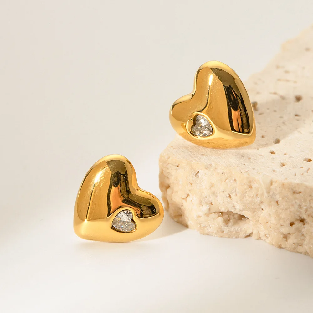 Stainless Steel PVD 18K Gold Plated Tarnish Rhinestoned Heart Stud Earrings  For Woman Jewelry Wholesale 2023 Trendy