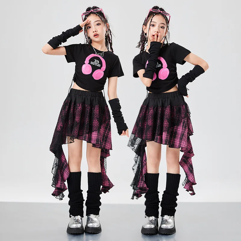 Фото Укороченный топ для девочек в стиле хип-хоп, газовая юбка K-pop для уличных танцев, Детская уличная одежда, костюмы для джазовых чарлидинга, комплекты одежды №1