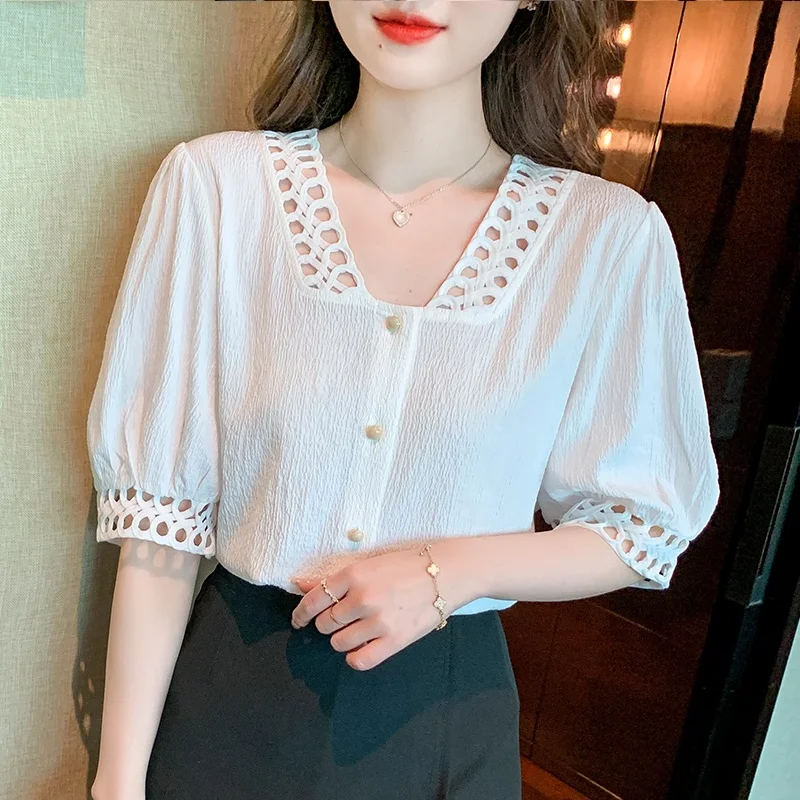 

2022 Summer Fashion New Casual V-neck Shirt Loose Top Hollow Chiffon White Blouse Women's Short Sleeve