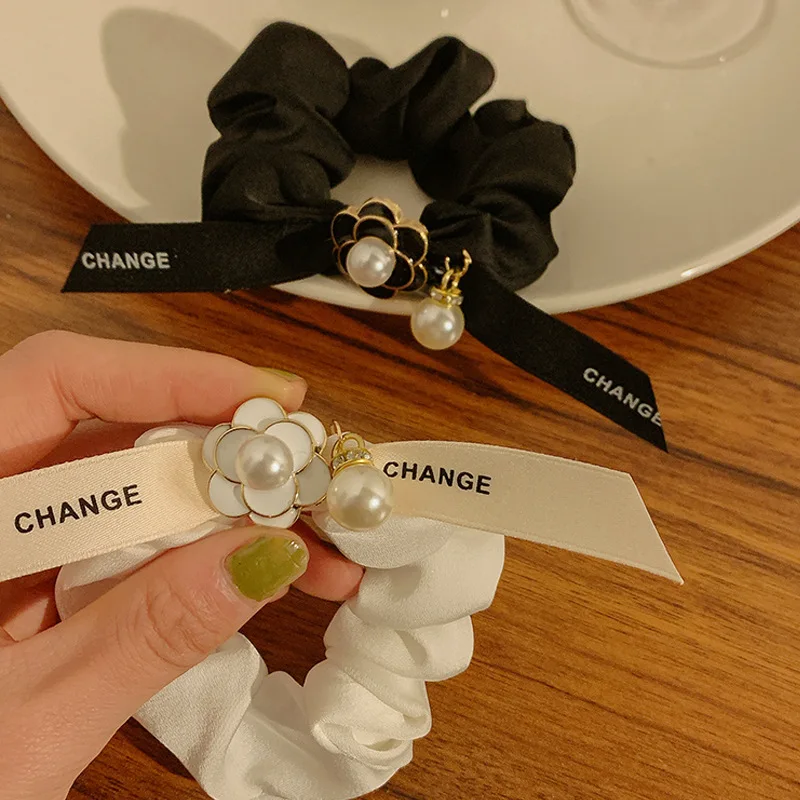 

Korean Vintage Elegant Camellia Flower Pearl Satin Small Intestine Hair Ring Tie Hair Ornament Hair Rope Leather Band Headwear