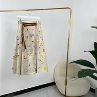 spring summer women fashion beige colorful floral embroidery beading mid calf skirt with sashes high quality cotton