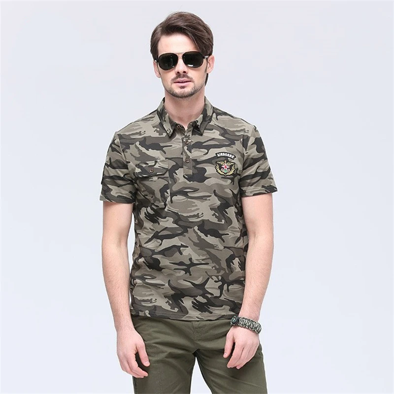 

Short Sleeved Camouflage Soldier T-shirt With Lapel Summer Casual Breathable 95% Cotton Bottom Shirt Streetwear Man Clothes