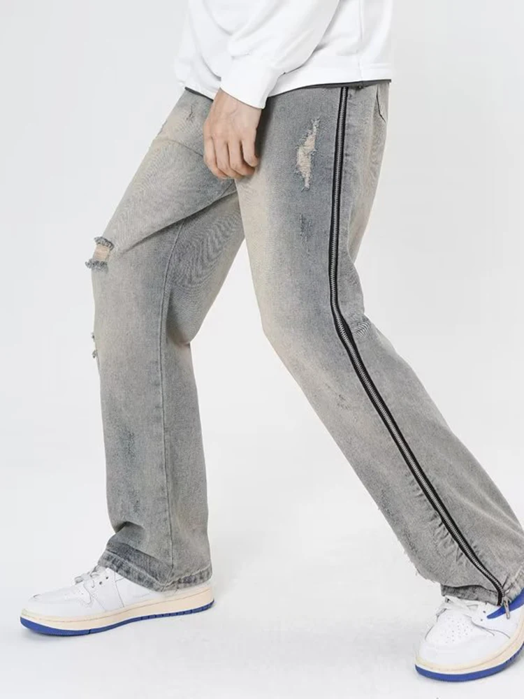 Wide Leg Cargo Pants Streetwear Baggy Jeans New Spring Autumn Men Jeans Ripped Loose Straight Male Brand Clothing Blue Denim