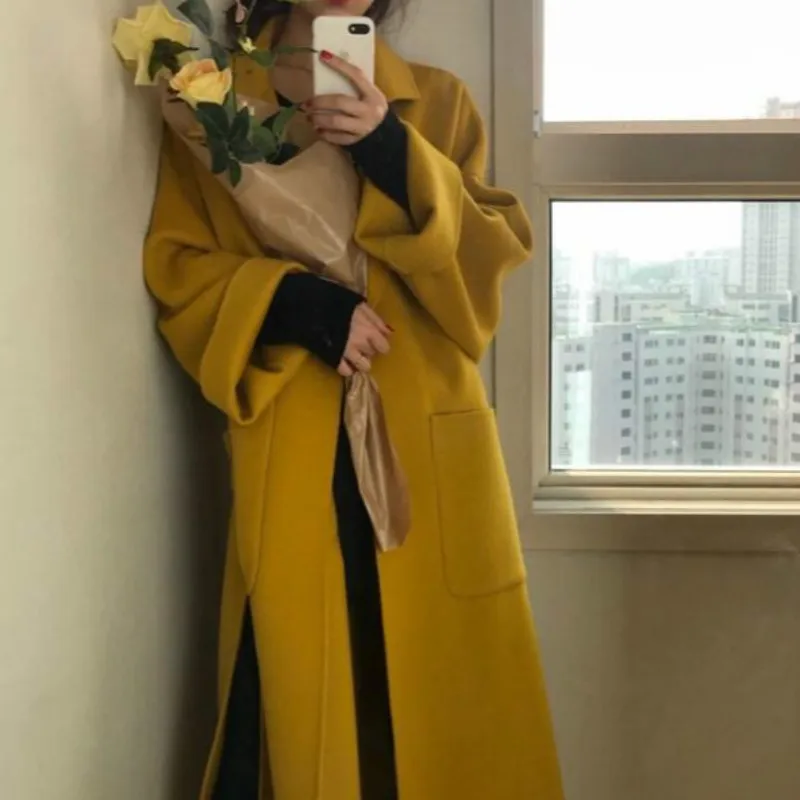

X-long Elegant Lapel Wool Jacket Winter Women Long Woolen Coat Cardigan 2021 Warm Loose Bandage Outwear with Pocket Black Yellow