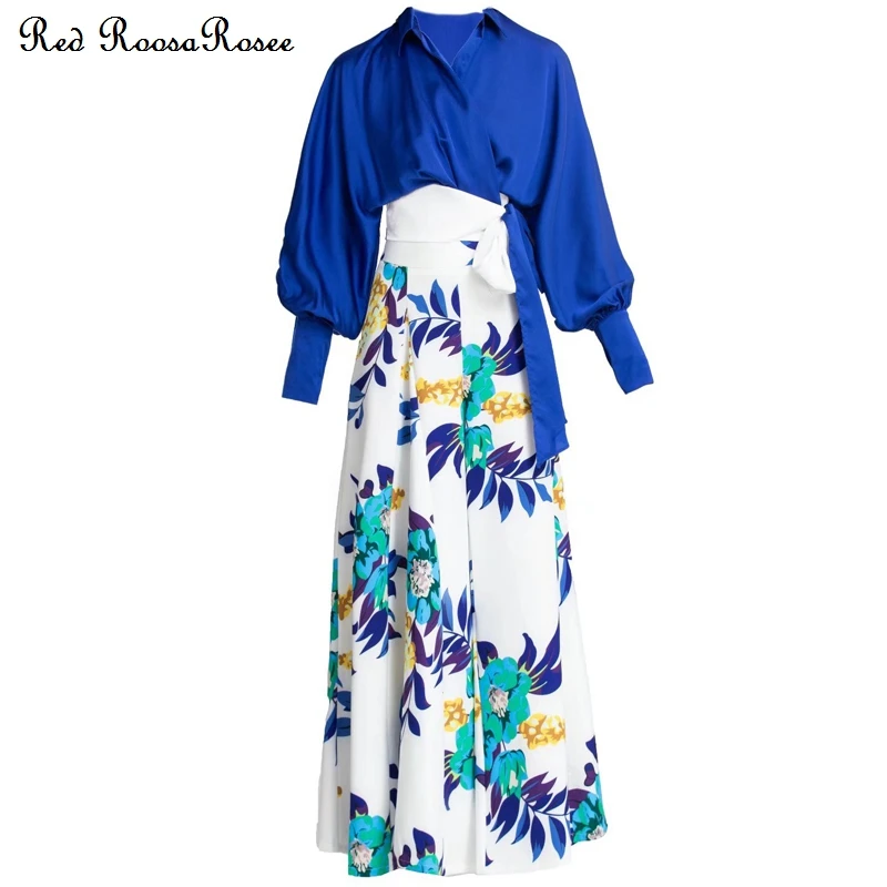 

Red RoosaRosee Vintage Bandage Lantern Sleeve Blue Blouse + Print Wide-legged Pants Office Lady Summer 2022 Women Suit Twinset