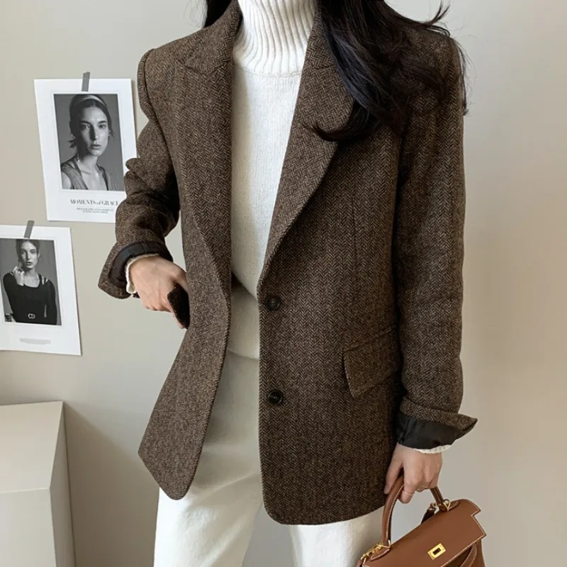 

Autumn and Winter Chic New Temperament Suit Collar Woolen Jacket Women Fashion Casual All-matching Long sleeve Suit Top