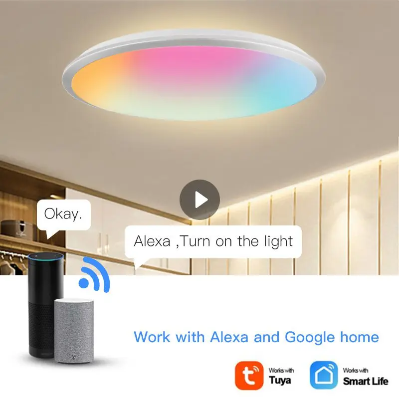 

Умная потолочная лампа Tuya RGB, светодиодный светильник для гостиной, спальни, с Wi-Fi и голосовым управлением через приложение, с Alexa Google