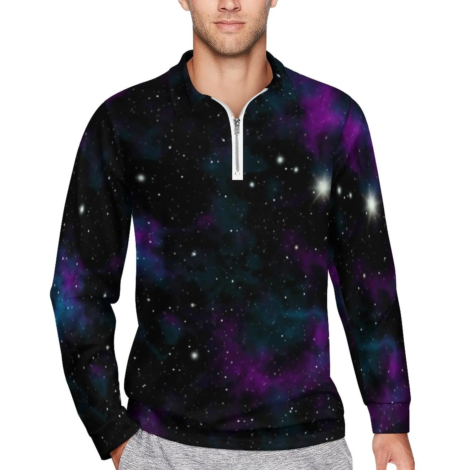 

Abstract Star Print Loose Polo Shirts Men Blue and Purple Galaxy Long-Sleeve Casual T-Shirts Novelty Autumn Design Shirt 4XL 5XL