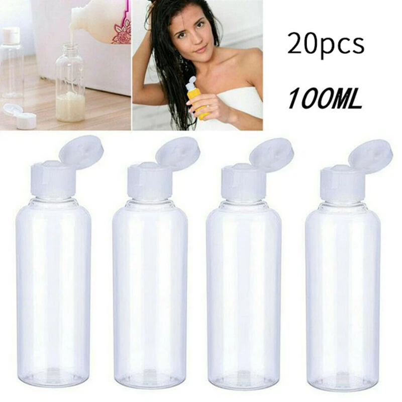 

20X100ml Plastic Flip Clear Bottle Travel Lotion Liquid Shampoo Makeup Container