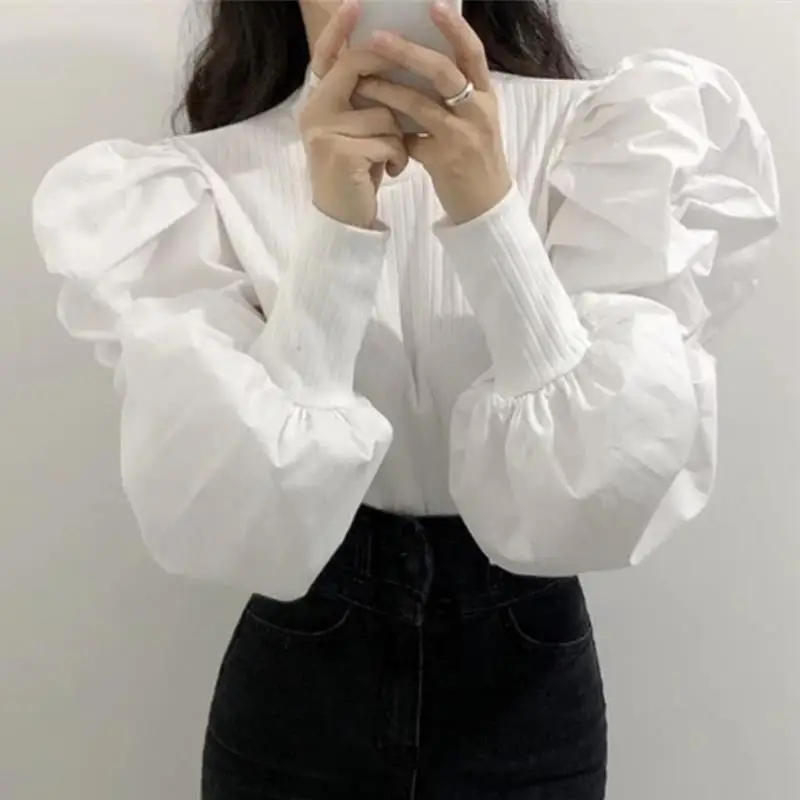 

Women Screw Thread Patchwork Hyperbole Large Puff Sleeve White Black Colour O-Neck Korean Sense of Design Blouse Slim Plus Size