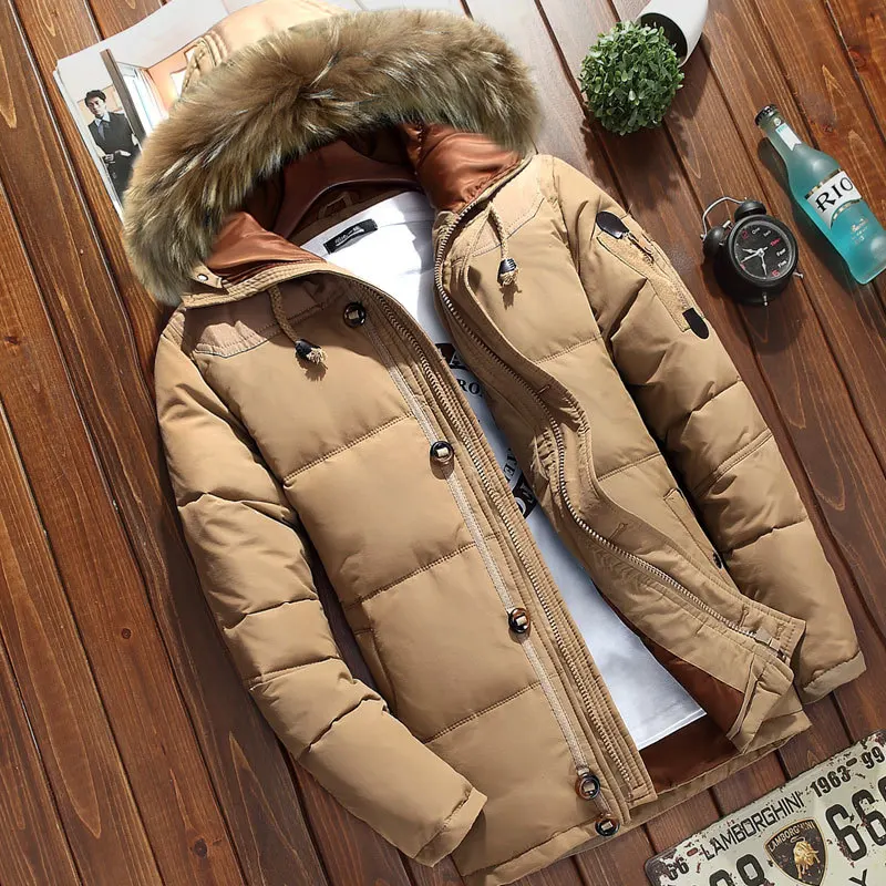 Winter Men's Parkas Thick Hooded Down Jacket Casual Mens Solid Color White Duck Down Coat with Fur Collar Warm Zipper Outwear