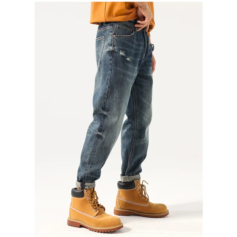 Streetwear Men New Pattern American Chaopai Hole Blue Jeans Vintage Loose Recreational Straight Cylinder Trousers Autumn Female