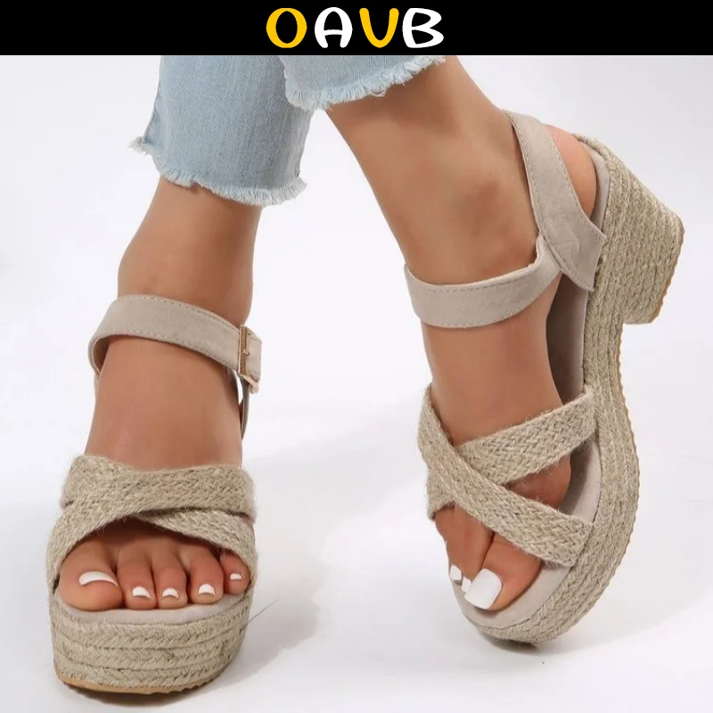 

OAVB Women Shoes Wedge Heel Increase Thick Female Sandals Hemp Rope Slippers Women Outdoor Beach Sandal Summer 2023 New Shoes