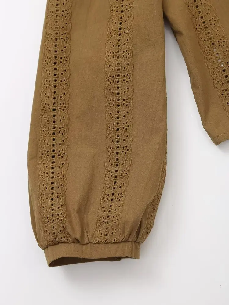 Женская блузка с вышивкой V-образным вырезом и длинным рукавом