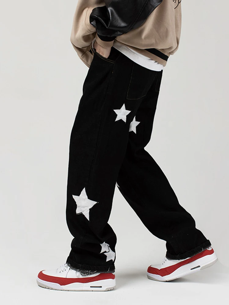 Men's Pants Retro Pentagram Embroidered Standard Jeans Gajie Street Loose Straight Jumpsuit Ins Hot Sale Boyfriend Wind Jeans