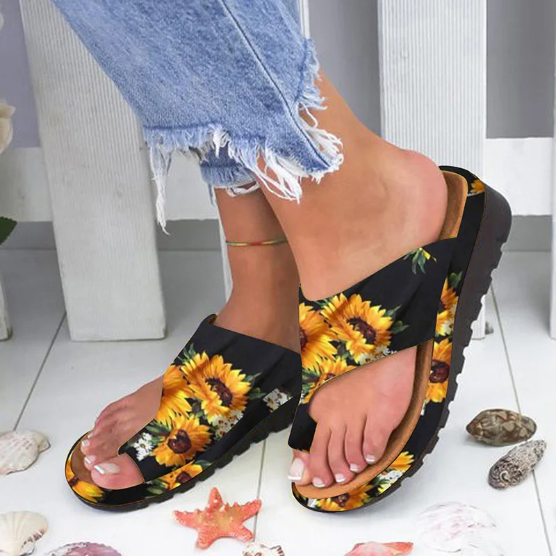 

2022 New Fashion Womens Flats Colored Sunflower Slippers Wedges Open Toe Print Beach Shoes Roman Slippers Sandals 2022