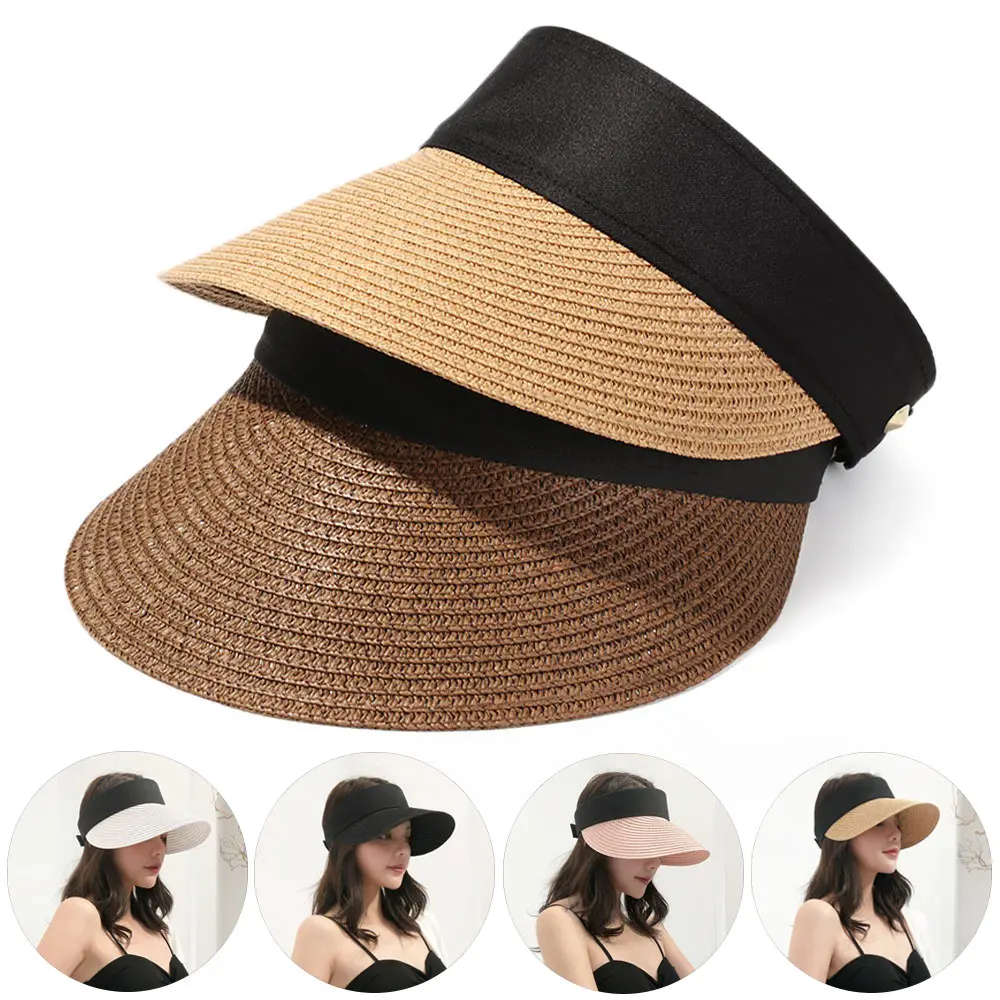 Gorra de paja informal para mujer, visera vacía, portátil, plegable, cinta mágica enrollable, sombrero de playa de ala ancha