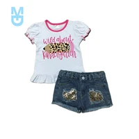 new girlymax back to school outfit girls clothes wild about kindergarten leopard denim jeans shorts set baby kids clothing ruffl