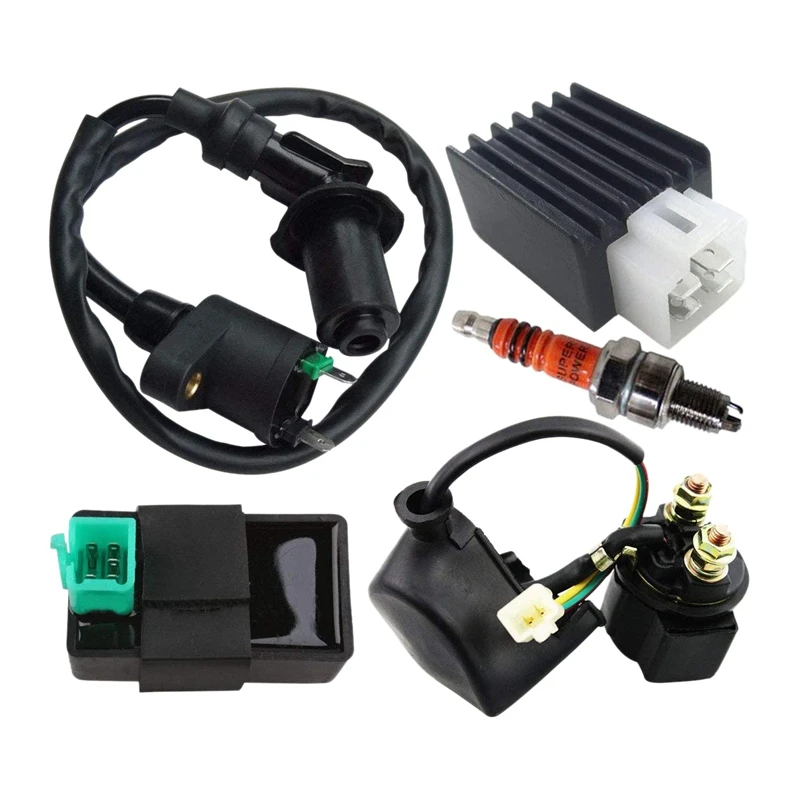 

Ignition Coil Solenoid Relay Voltage Regulator 5-PIN CDI Box Spark Plug for 50Cc 70Cc 90Cc 110Cc 125Cc Go Kart Dirt Bike