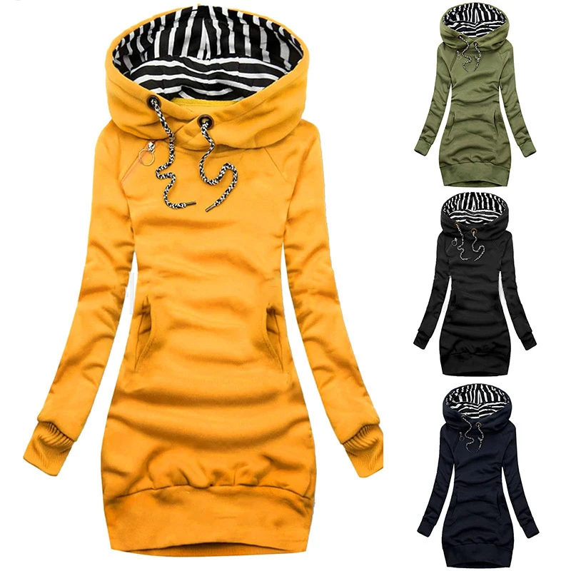 

Woman's Sweatshirt Dress Solid Color Zipper Pocket Female Loosen Fleece Thicken Warm Hoody Tops Lady Fashion For Win&Fal