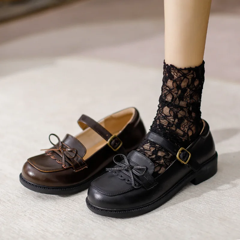 

Women Leather Shoes Round Toe Mary Janes Shoes Women Black Girls Student School Shoes Low Heels Lolita Shoes Oxford