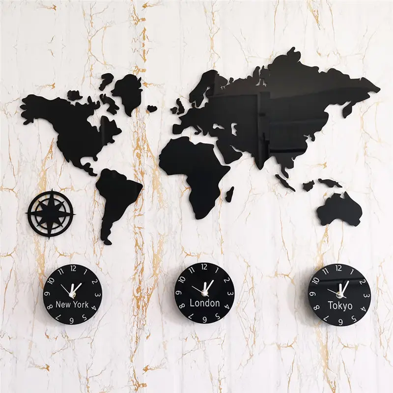 

New Personality Acrylic Plastic Wall Clock Quartz Digital Pointer Black Big World Map Wall Clock Time Zone Home Decoration Art