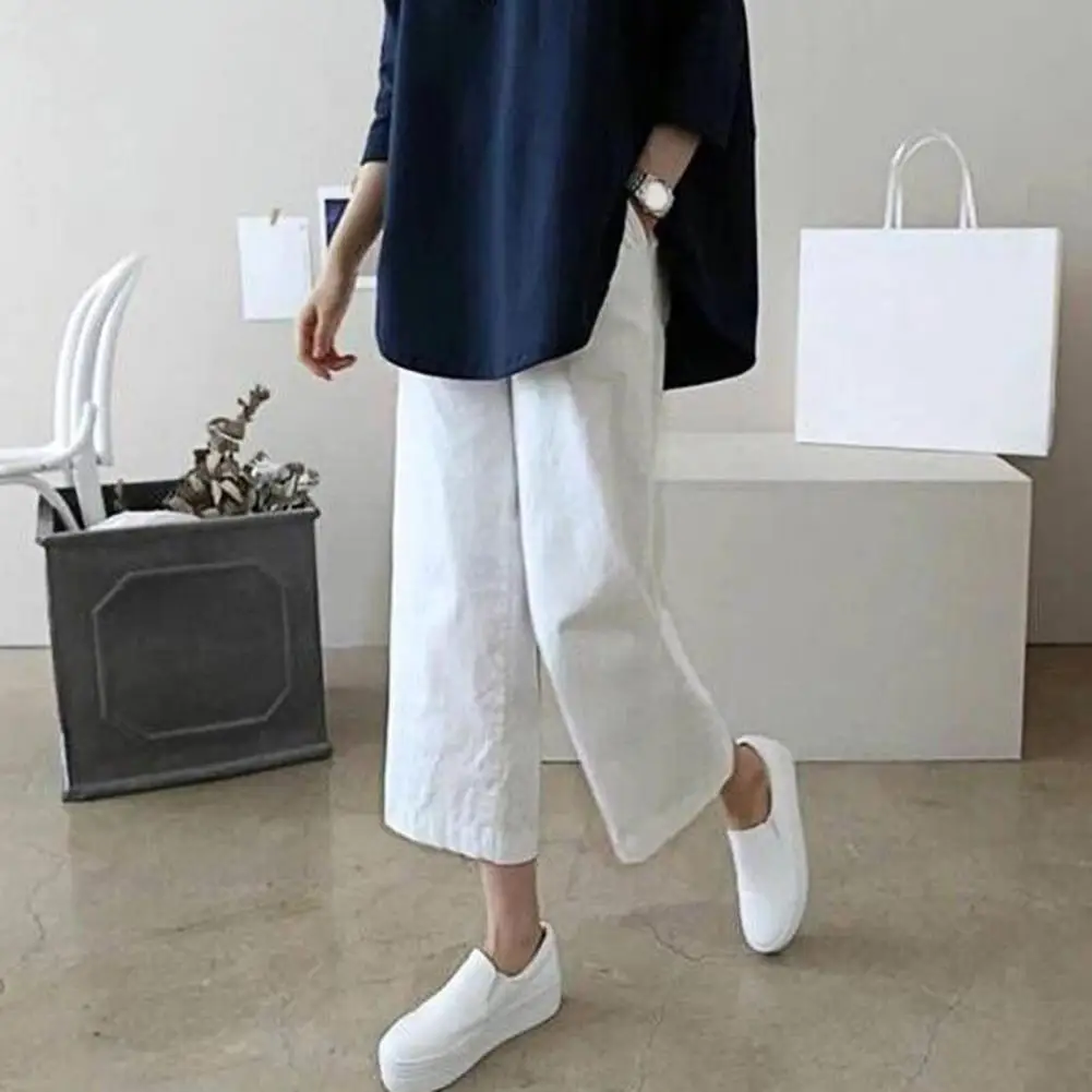 

Elastic Waist Straight Wide Leg Flax Pants Women Solid Color Pockets Casual Pants Lady Clothing