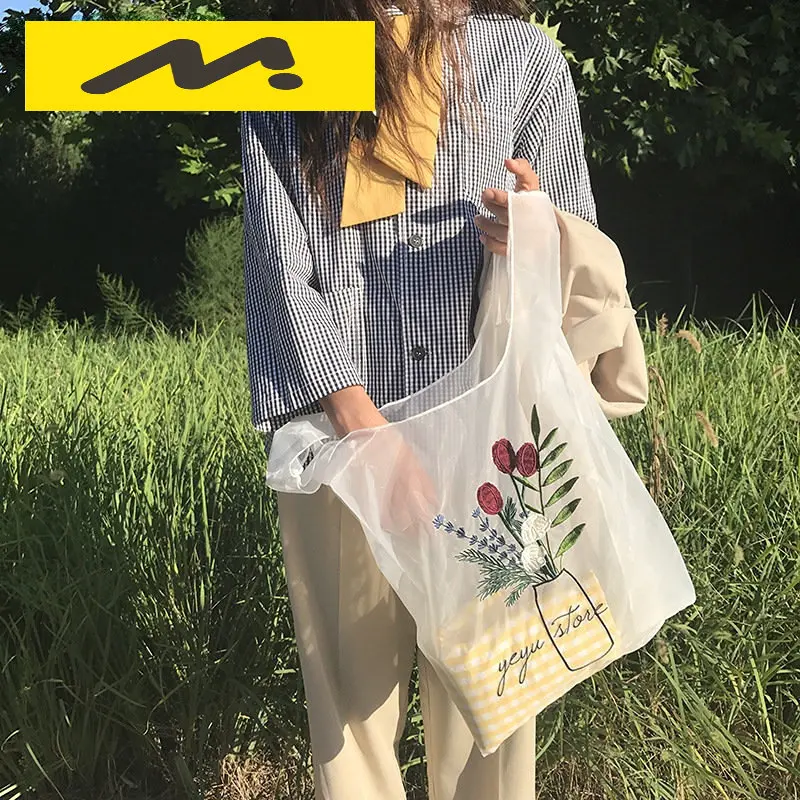 

Summer Women Transparent Tote Organza Yarn Cloth Beach Bag Embroidery Handbag High Quality Eco Clear Hand Bags Purse For Girls
