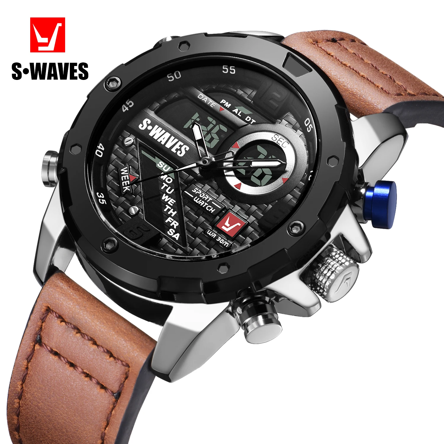 

S-WAVES Old Luxury Brand Men's Watch Fashion Casual Leather Strap Black Dial Men's Quartz Watch