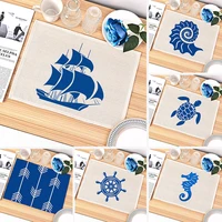 blue sea side shell cotton linen dining table mat turtle geometric bowl coaster pad kitchen dining table mat 32x42cm