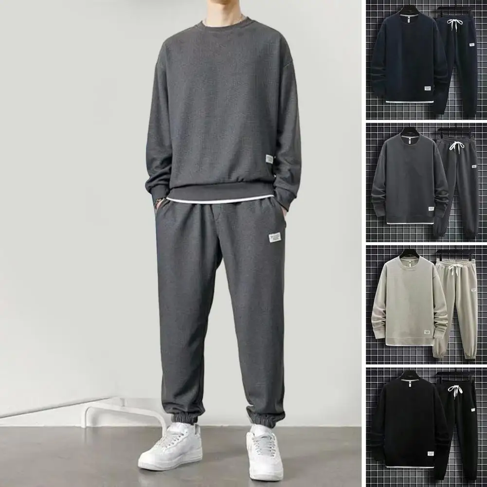 

2023 Spring Autumn Mens Set Solid Color Waffle Fabric Sports Set Long Sleeve Sweatshirt and Pants Casual 2PC Male Outfit Set