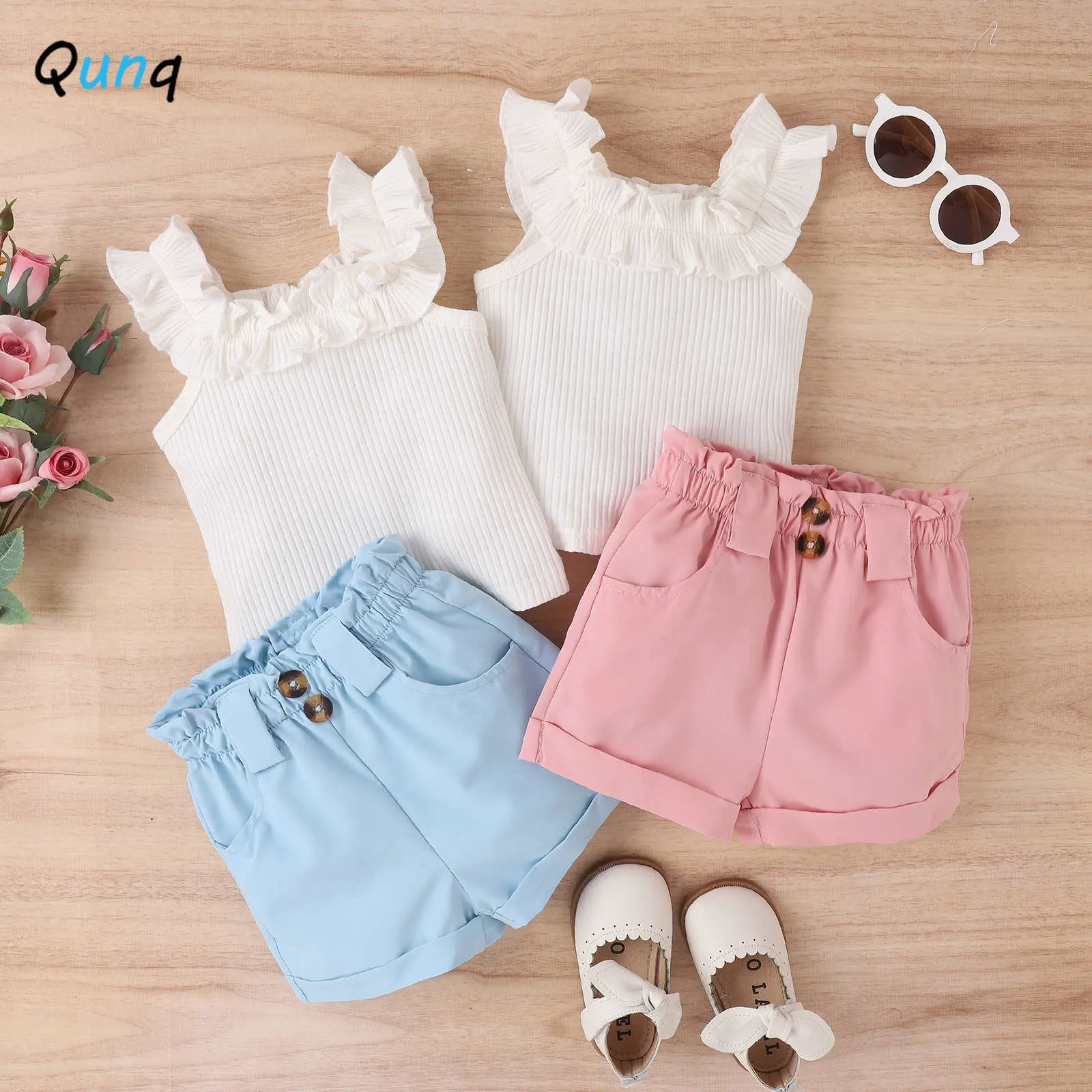 

Qunq 2023 летний однотонный модный кружевной жилет для девочек пуловер без рукавов Топ + шорты комплект из 2 предметов повседневная детская одежда для возраста