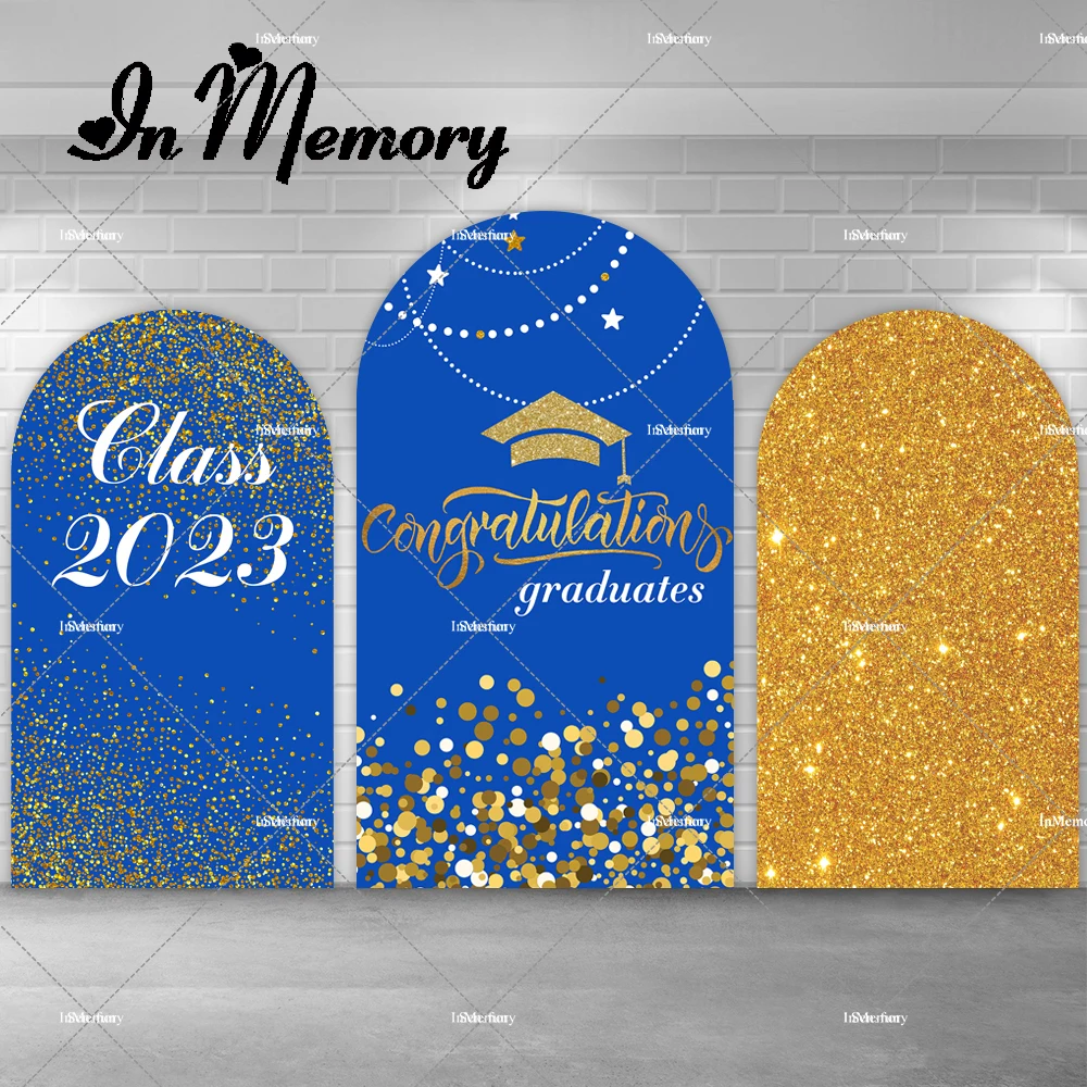 

Royal Blue Gold Glitter Congratulation Graduation Arch Backdrop Cover Class Of 2023 Bachelor Cap Chiara Photography Background