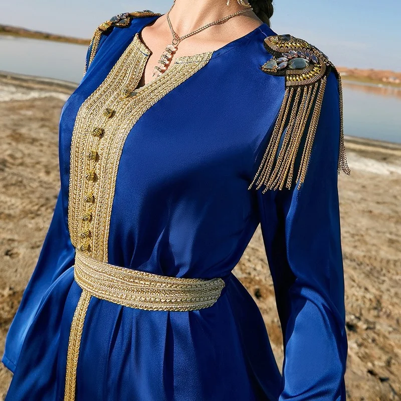 Blue Satin Abaya Dubai Turkish Islam Kaftan Arabic Long Muslim Dress Djellaba Femme African Dresses for Women Caftan Marocain