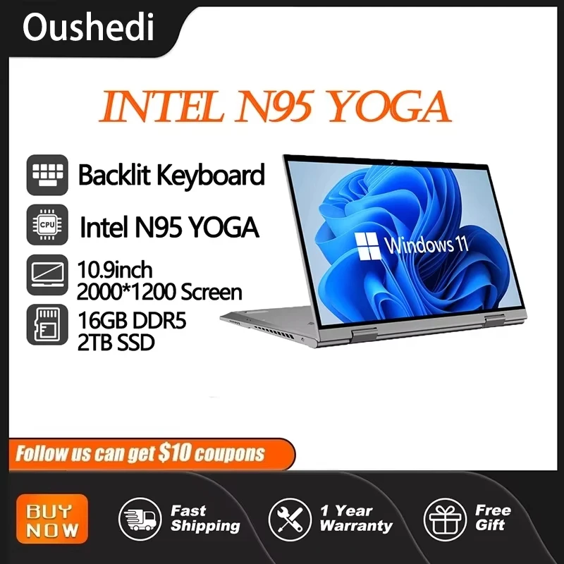 Oushedi 2-в-1 планшетный ноутбук 10 9-дюймовый сенсорный экран 16 ГБ DDR5 2 ТБ SSD HD камера с