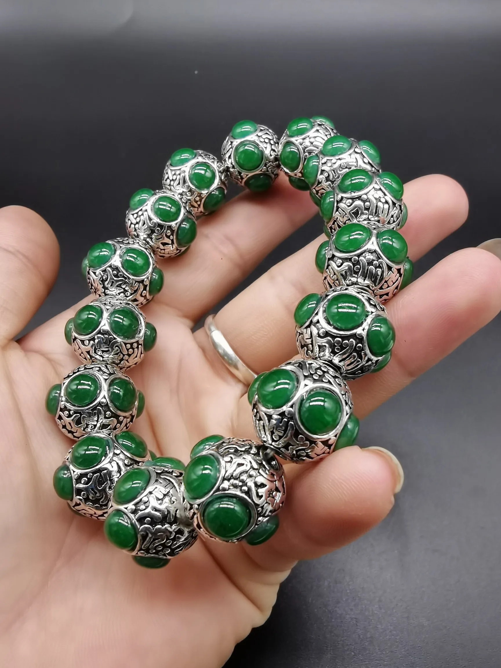 

China Elaborate Tibetan Silver Mosaic Gemstone Lucky“Auspicious”Bracelet/Necklace Metal Handicraft Decoration Home Decoration#11